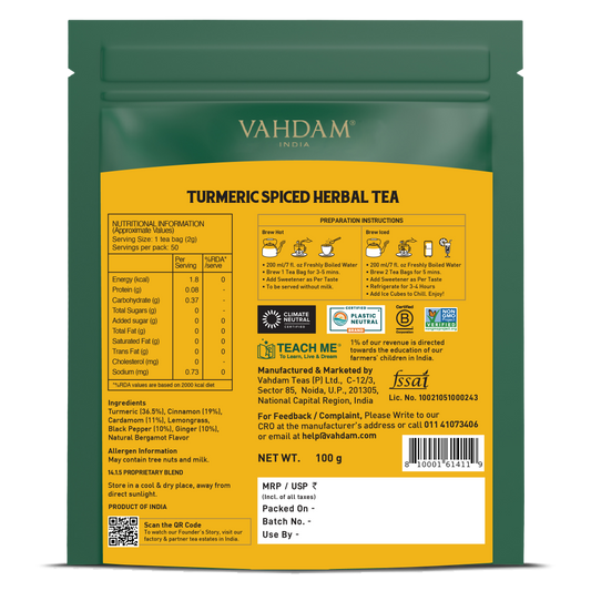 【VAHDAM】 Turmeric Spiced Herbal Infusion, 50 Count|ターメリック スパイスド ハーバルインフュージョン|50 Count