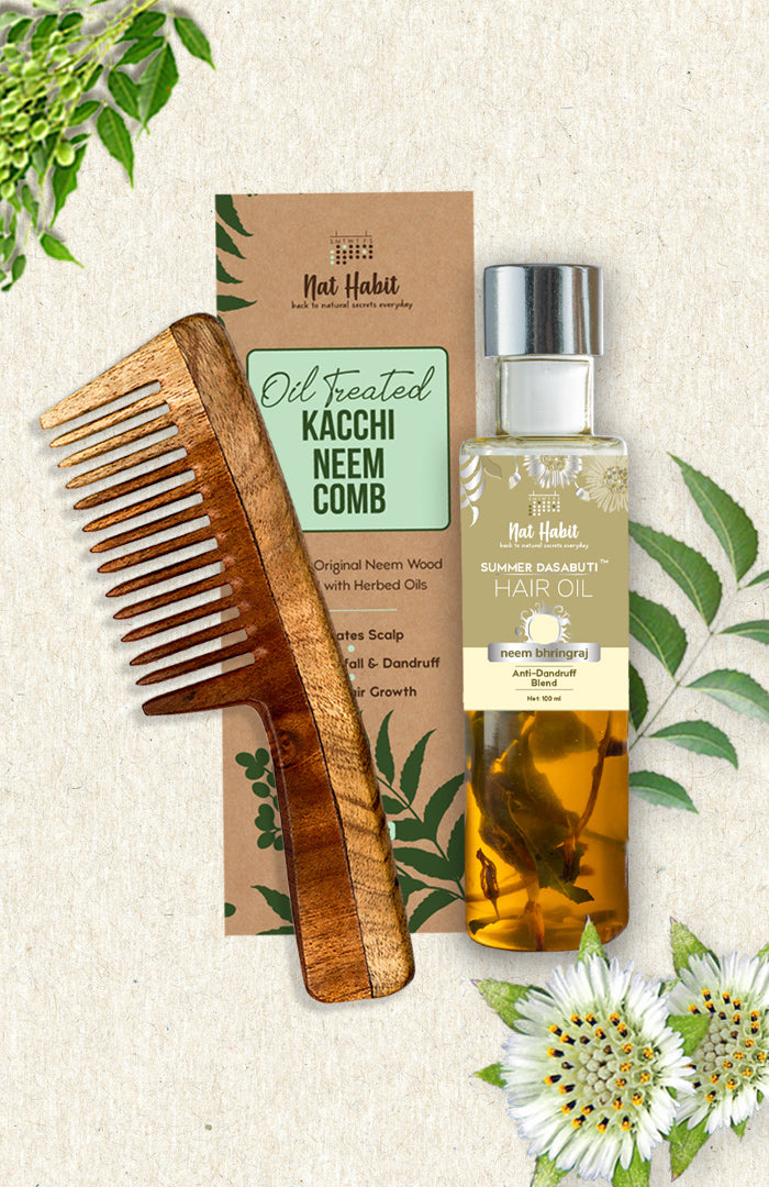 Wide Tooth Comb & Neem Bhringraj DASABUTI Hair Oil 2点セット