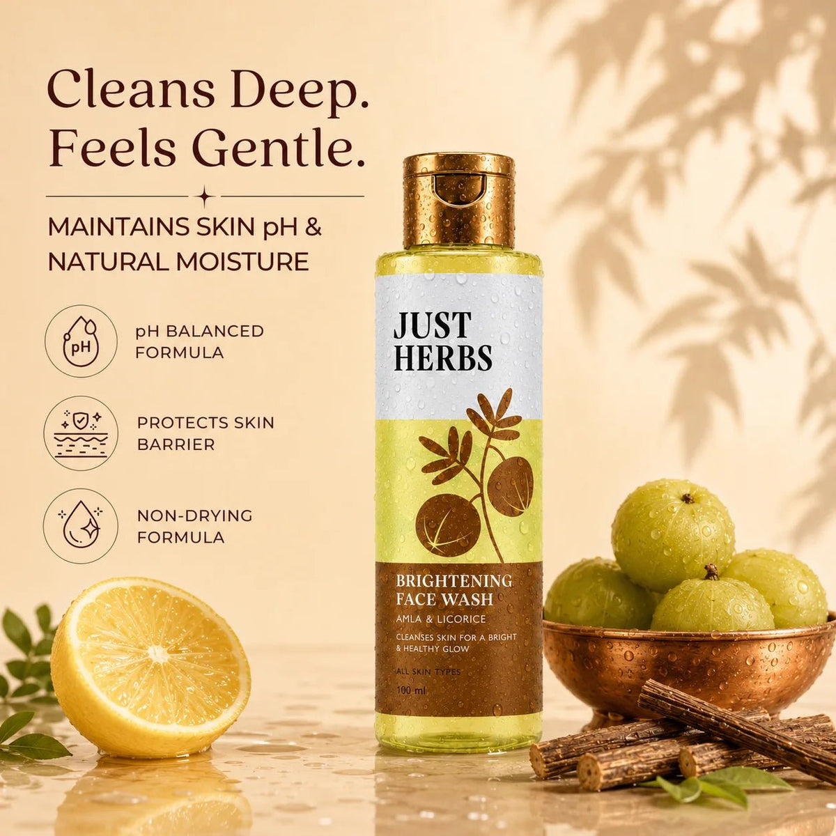 Just Herbs ブライトニング フェイスウォッシュ ビタミンC アムラ&リコリスルート 100ml のボトル