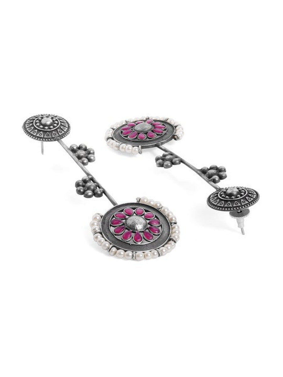 Rubans Oxidised Silver Plated Handcrafted Ruby Stone with White Pearls Drop Earrings Silver