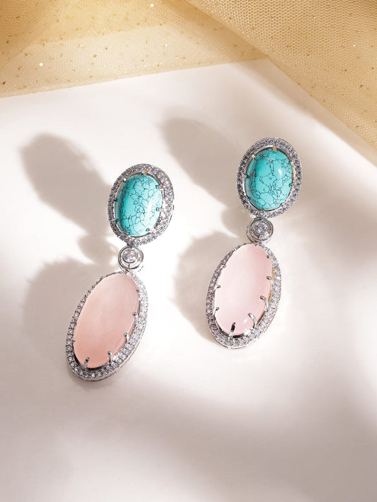 American Diamond Zirconia Pink & Blue Drop Earrings Multicolor