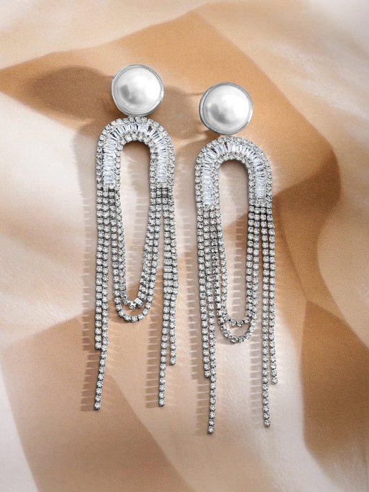 Chic Motion American Diamond Zirconia & Pearl Tassel Drops Silver