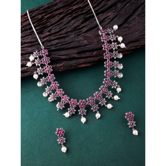 Rubans Oxidised Silver Plated Embellished With Faux Ruby Floral Necklace Set Pink