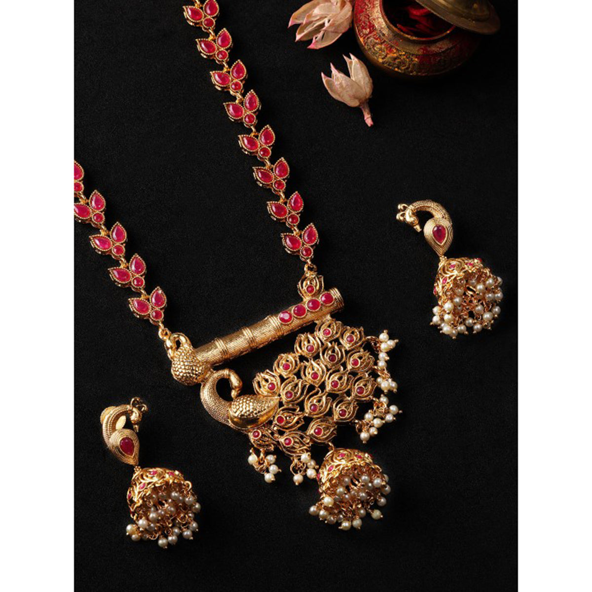 Rubans Gold Toned Peacock Embellished Necklace Set Pink