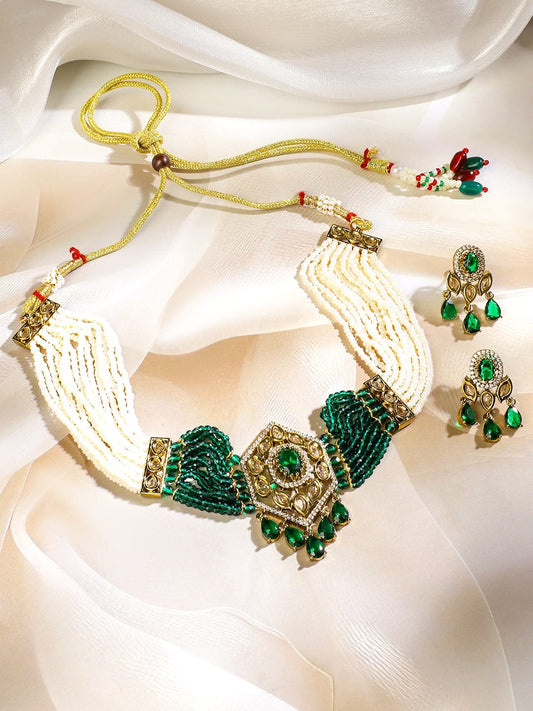 Ethnic Green Beaded Choker Set フリーサイズ