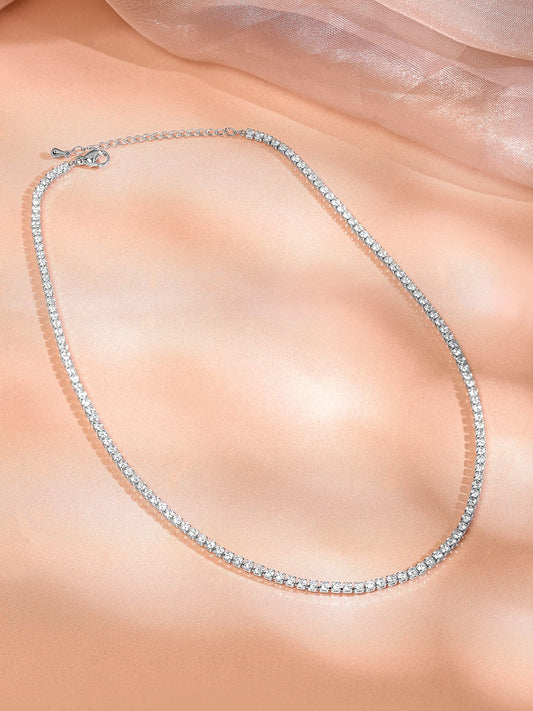 Gleaming American Diamond Zirconia Studded Chain Necklace Silver
