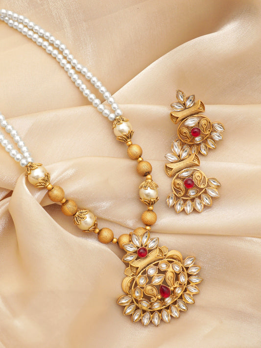 Golden Glow with Red Stone Necklace Set Gold::White