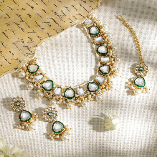 Whispers of Green Royalty Kundan Necklace Set Gold