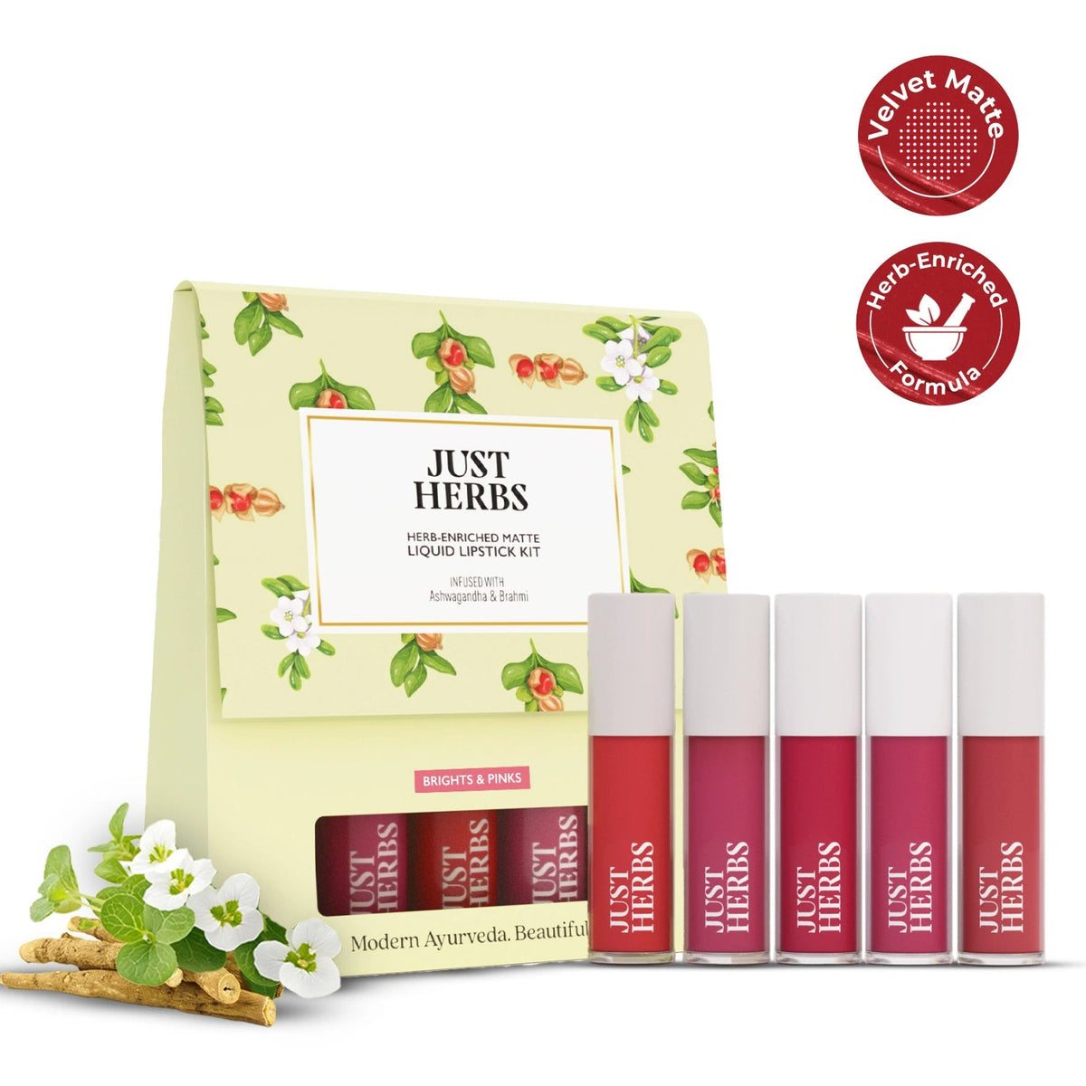 【Just Herbs】 Herb Enriched Matte Liquid Lipstick Kit- Set of 5 Brights and Pinks