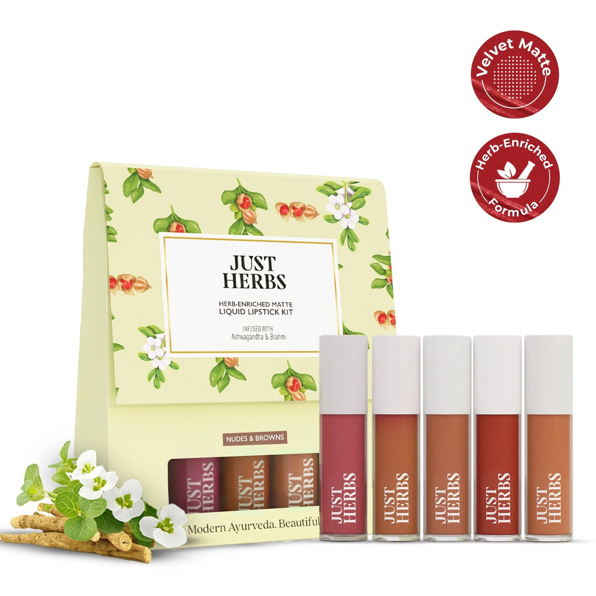 【Just Herbs】 Herb Enriched Matte Liquid Lipstick Kit- Set of 5 Nudes and Browns