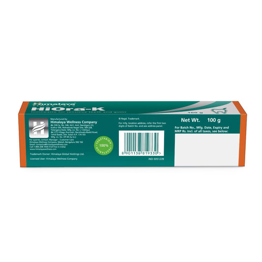 【Himalaya】HiOra-K トゥースペースト 100g パッケージ裏面(内容量 100g 表示)