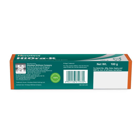 【Himalaya】HiOra-K トゥースペースト 100g パッケージ裏面(内容量 100g 表示)