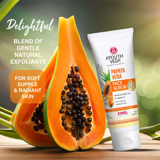 【Ayouthveda】 Papaya Vera Face Scrub with Walnut, Green Tea & Vitamin E | Gently Exfoliates, Unclogs Pores & Brightens Skin | Suitable for Dry to Normal Skin Types| 100g|パパイヤベラ スクラブ|100g