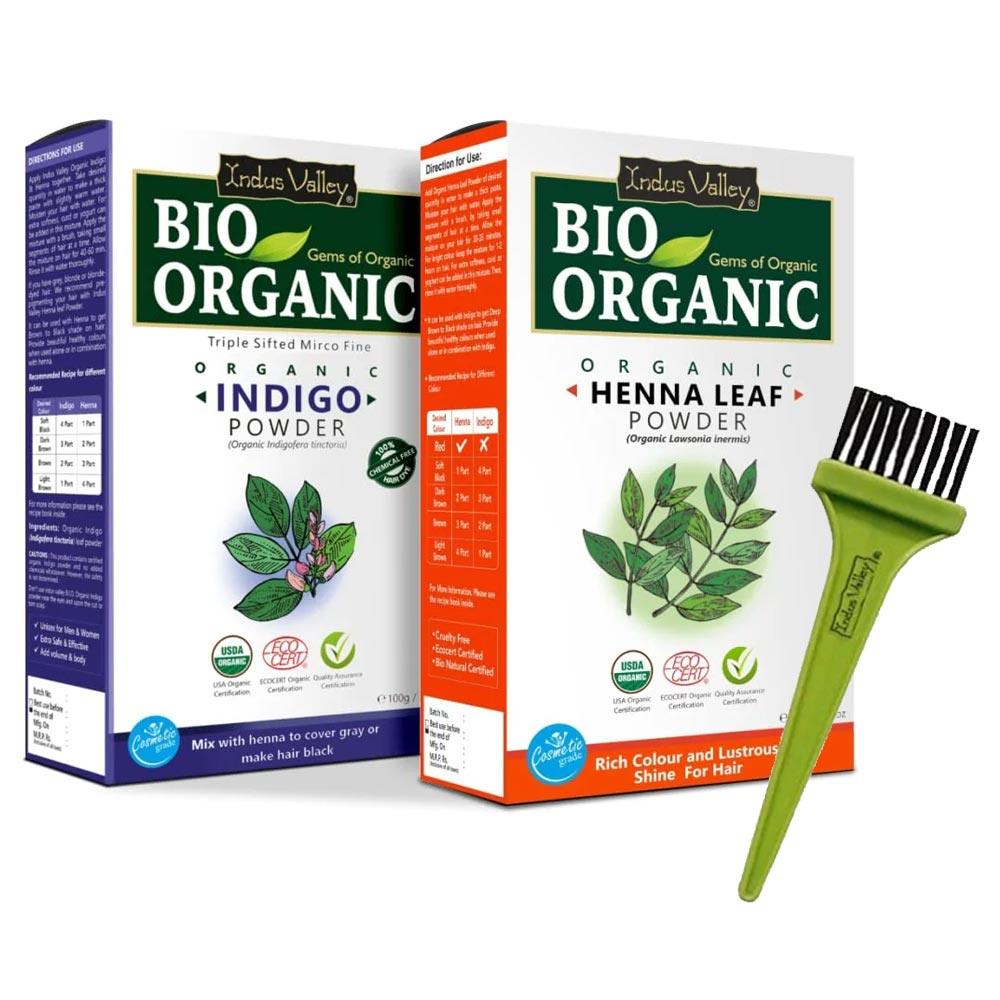 Indigo Leaf Powder and Henna Leaf Powder Combo with Applicator Brush