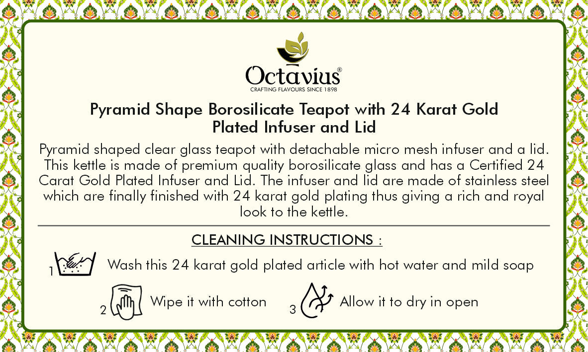 Pyramid Shape Borosilicate Teapot With Gold Plated Infuser And Lid in a Sesham Wood Box- 720 ML 720ml