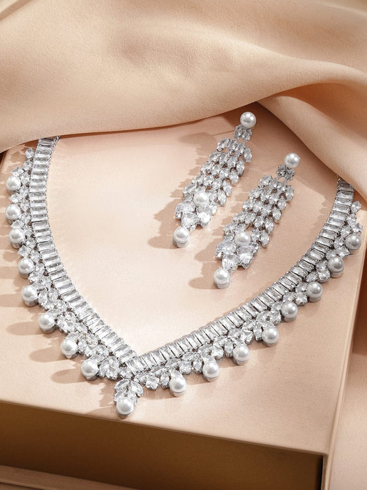 【Rubans】 Line Baguette Zirconia Pearl Necklace Set|ロジウムメッキ バゲット ジルコニア パール ネックレスセット