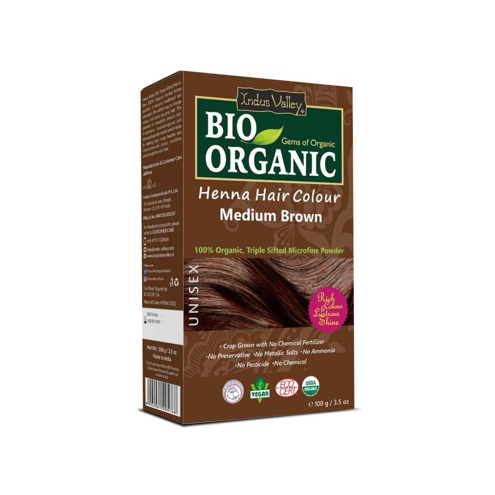Bio Organic Medium Brown Henna Hair Colour For Early Grey Hair Coverage - 100gm 100g