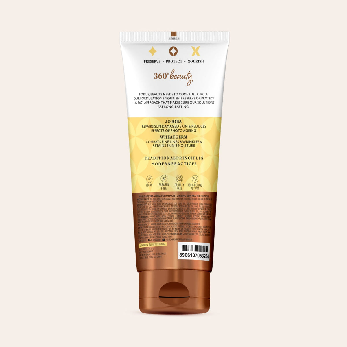 Just Herbs モイスチャライジング サンスクリーンジェル SPF35+ PA++++ ホホバ&ウィートジャーム 50ml のチューブ