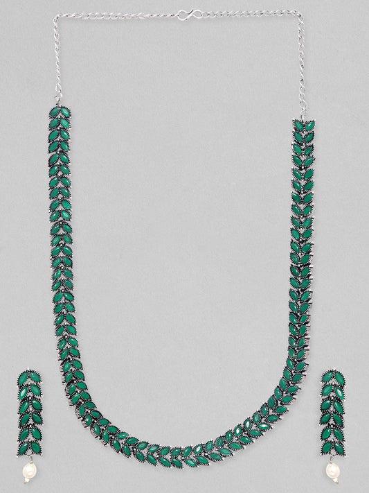 Emerald Green Studded Necklace Set Green::Silver