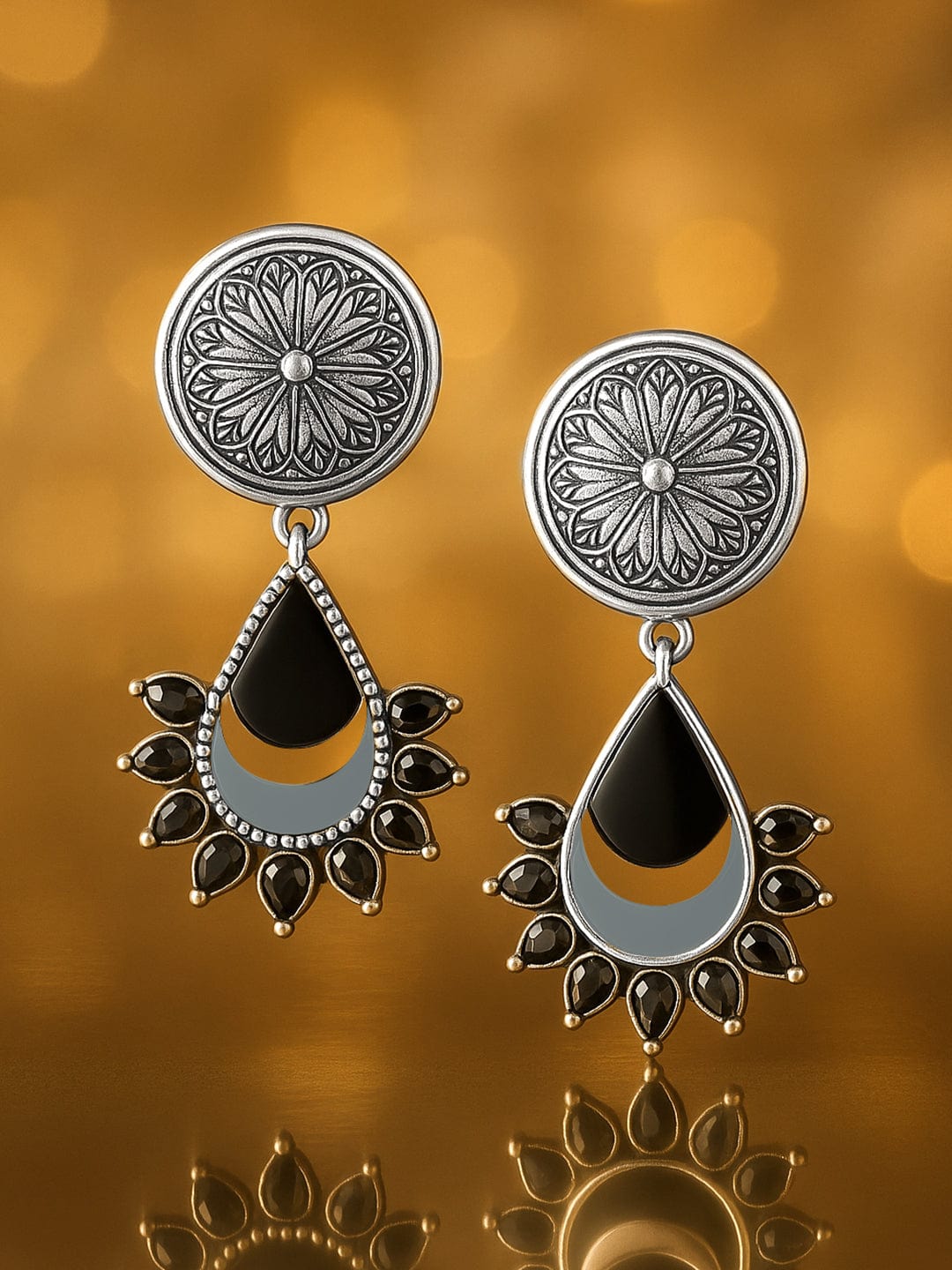 【Rubans】 Oxidized Silver-Plated Black and Mirror Work Drop Earrings|オキシダイズドシルバー ブラックストーン&ミラーワーク ドロップイヤリング