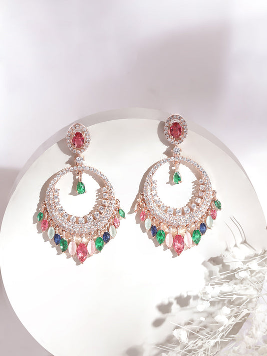 Vibrant American Diamond Zirconia Chandbali Earrings Rose Gold