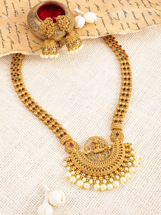 Laxmi Motif Pearl Drop Golden Necklace Set フリーサイズ