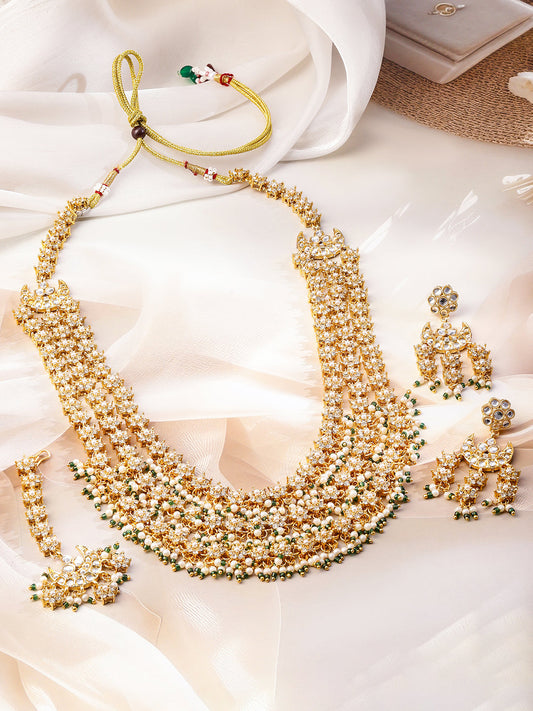 Multi-Layered American Diamond Zirconia Pearl Necklace Set フリーサイズ