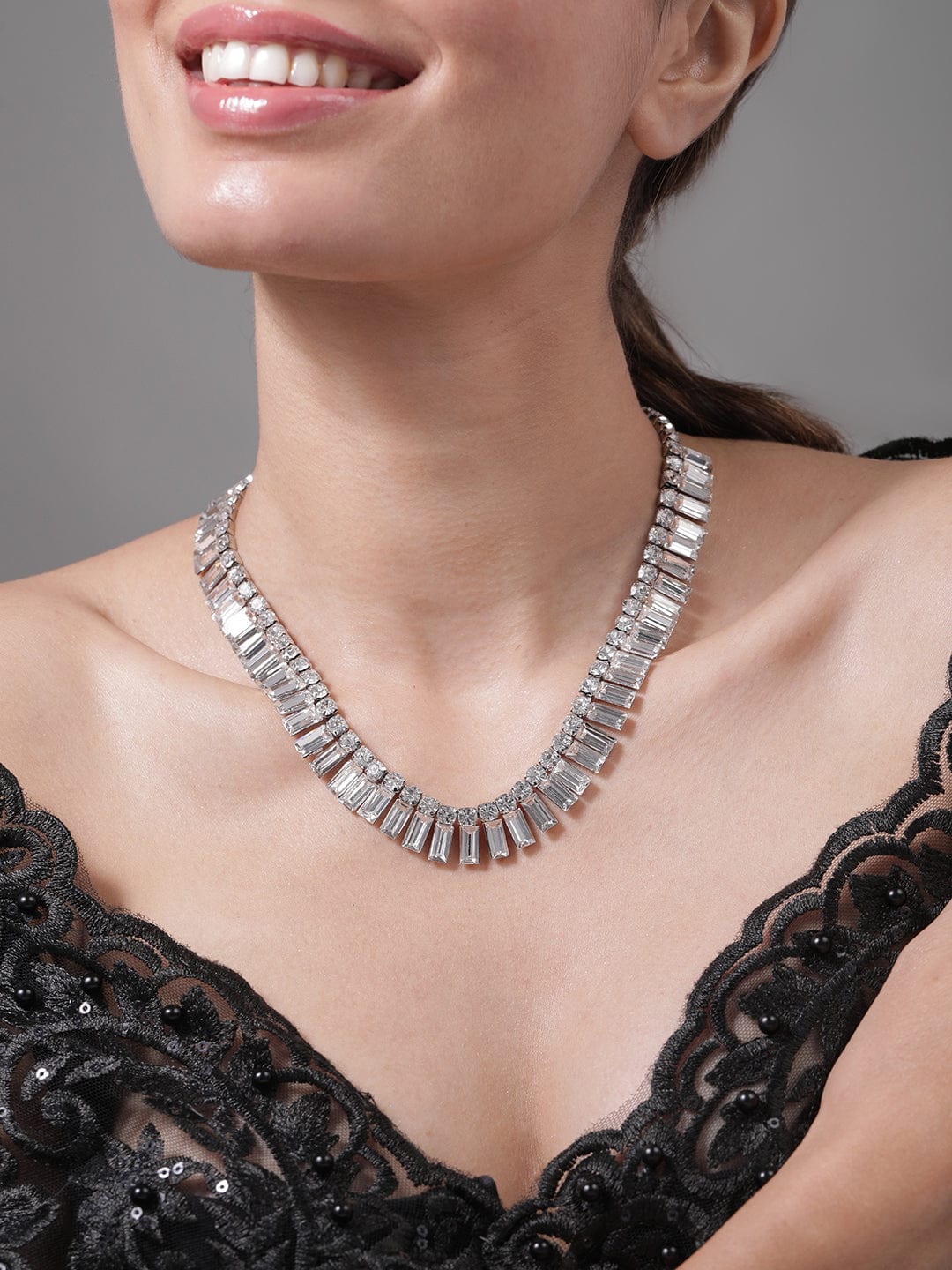 Baguette Stones Studded Glamorous Necklace Silver