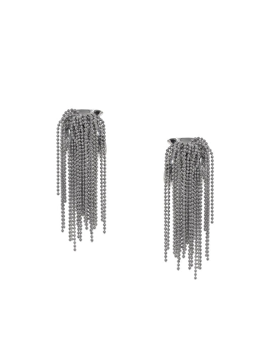Multi-Strand Beaded Tassel Dangler Earrings Silver
