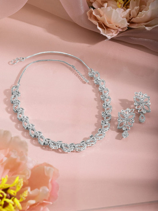 Leaf Motif American Diamond Zirconia Necklace Set Silver