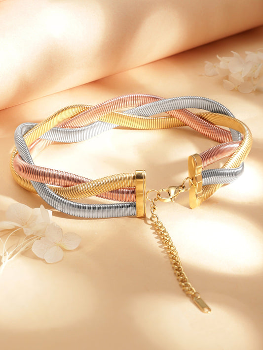 【Rubans】 Voguish Rhodium Plated Dual Tone 3 Layered Twisted Choker|ヴォーギッシュ ロジウムメッキ デュアルトーン 3連ツイスト チョーカー