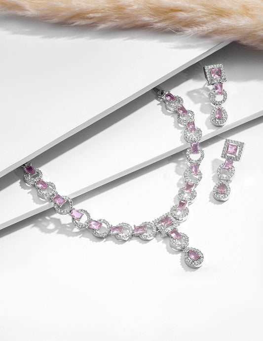 Pink American Diamond Zirconia Studded Necklace Set Silver