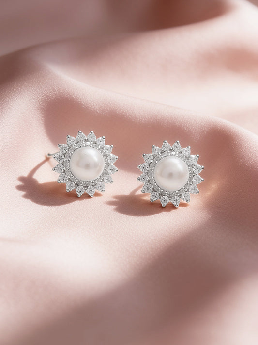 925 Fine Silver Rhodium Plated Floral Pearl Stud Earrings フリーサイズ
