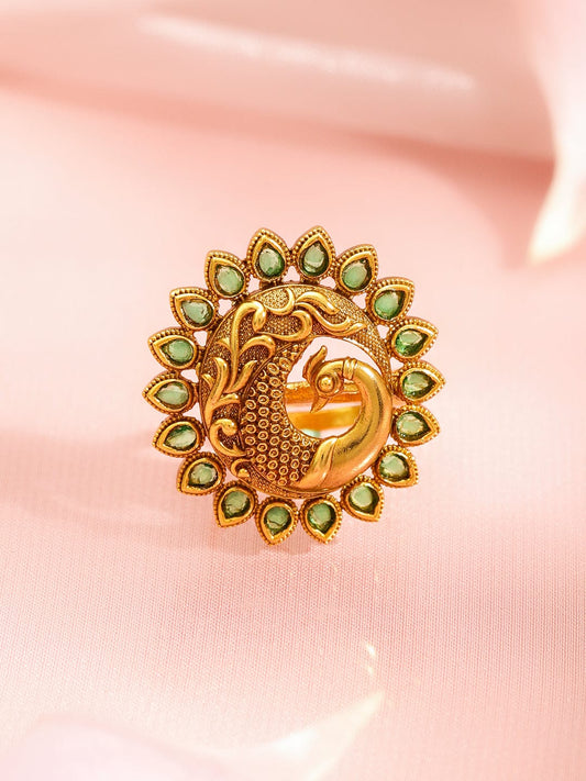 Peacock Motif Green Studded Gold Ring フリーサイズ