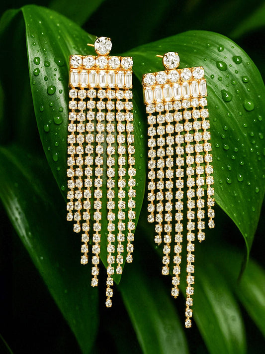 【Rubans】 18K Gold Plated Crystal Studded Tassel Earrings|18K ゴールドメッキ クリスタル タッセルイヤリング