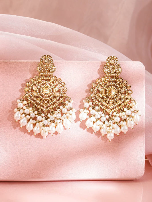 Lustrous American Diamond Zirconia Pearl Studded Chandbali Gold