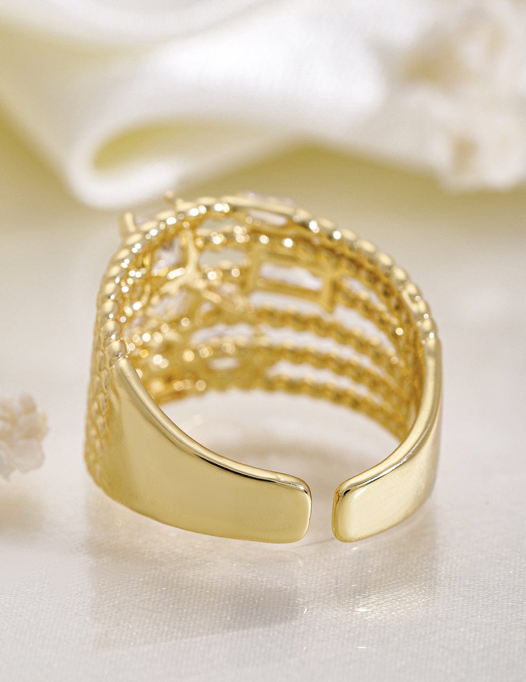 【Rubans】 Gold Toned American Diamond Zirconia Studded Ring|ゴールドトーン アメリカンダイヤモンド ジルコニア マルチレイヤー アジャスタブルリング