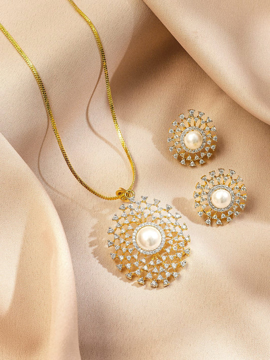 American Diamond Zirconia Pearl Beaded Necklace Set Design 1