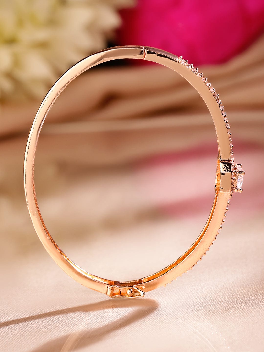 Rubans 18K Rose Gold-Plated Cubic Zirconia Dual Band Openable Bracelet – Statement Jewelry Rose Gold