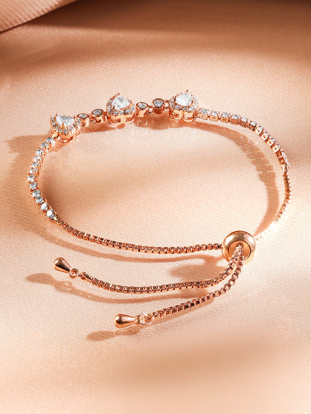 【Rubans】 18K Rose Gold-Plated Cubic Zirconia Adjustable Pull Chain Bracelet|18Kローズゴールドメッキ キュービックジルコニア アジャスタブル プルチェーン ブレスレット
