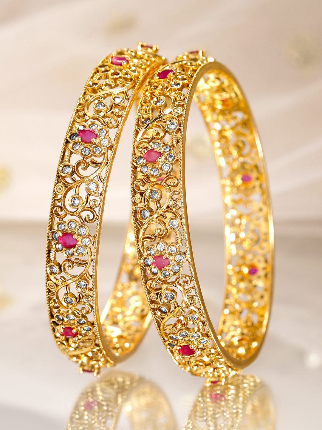 Rubans 2 Pieces 22KT Gold-Plated CZ Stone Studded Bangles 2.6 - Medium