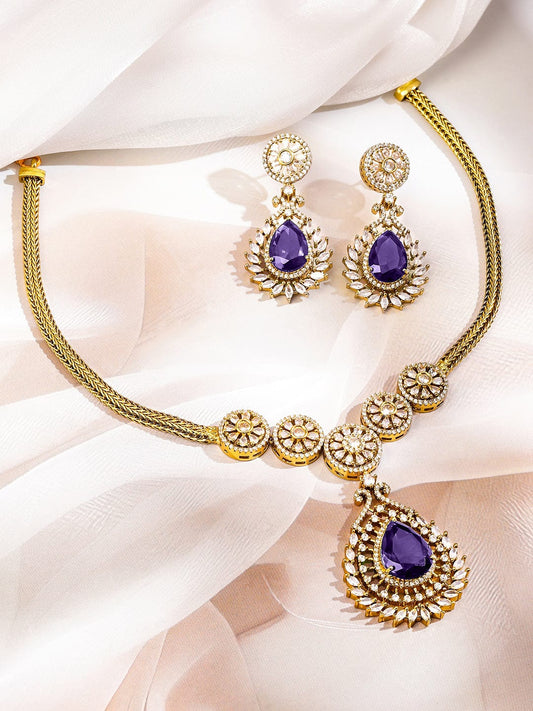 Purple American Diamond Zirconia Gold Necklace Set フリーサイズ