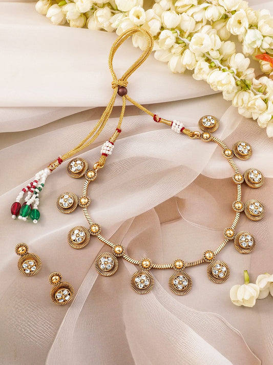 White Beaded Golden Necklace Set Gold