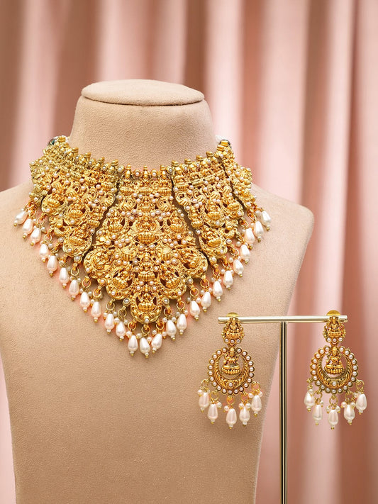 Laxmi Motif Necklace Set with Pearl Drops フリーサイズ
