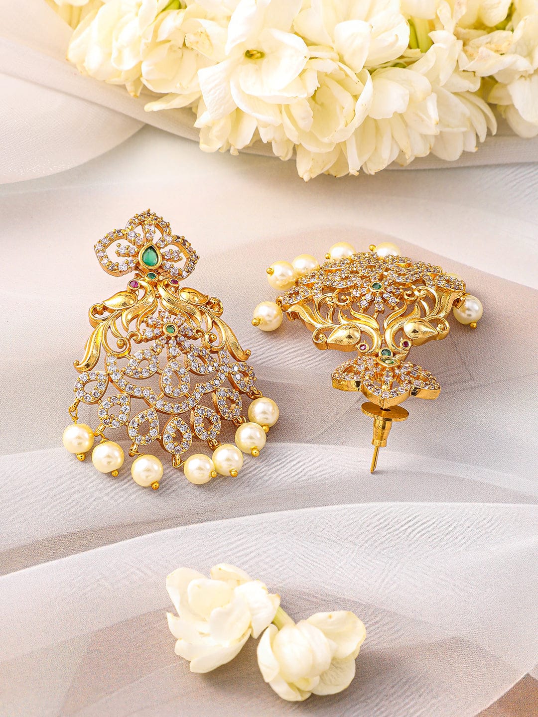American Diamond Zirconia Pearl Necklace Set Gold
