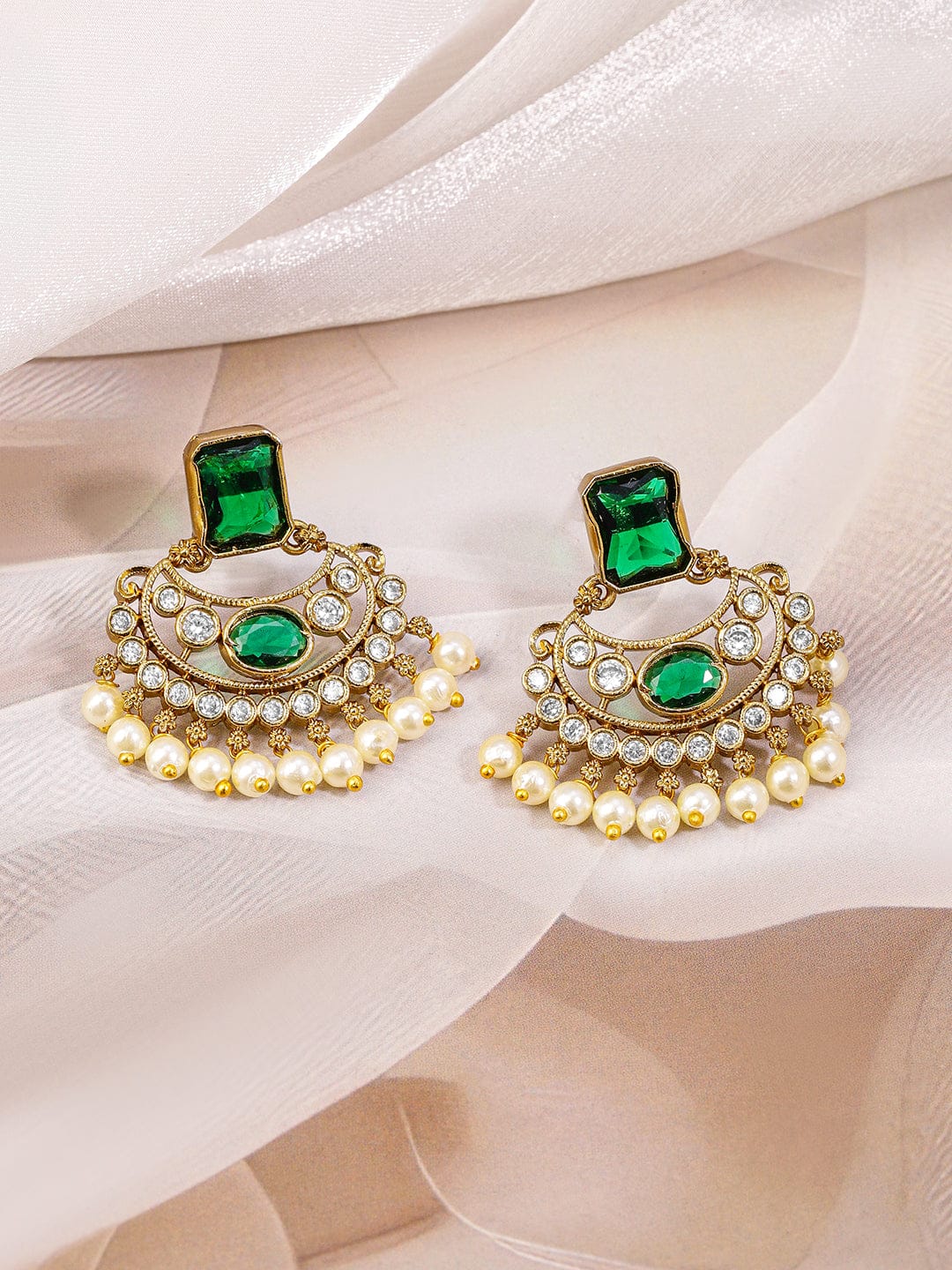 Emerald Studded Pearl Drop Gold Necklace Set Green