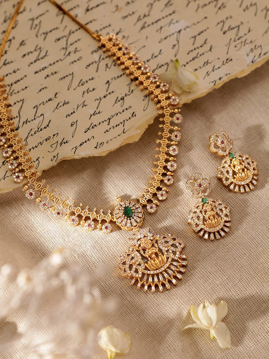 Temple Necklace Set with Laxmi Motif Gold::Green