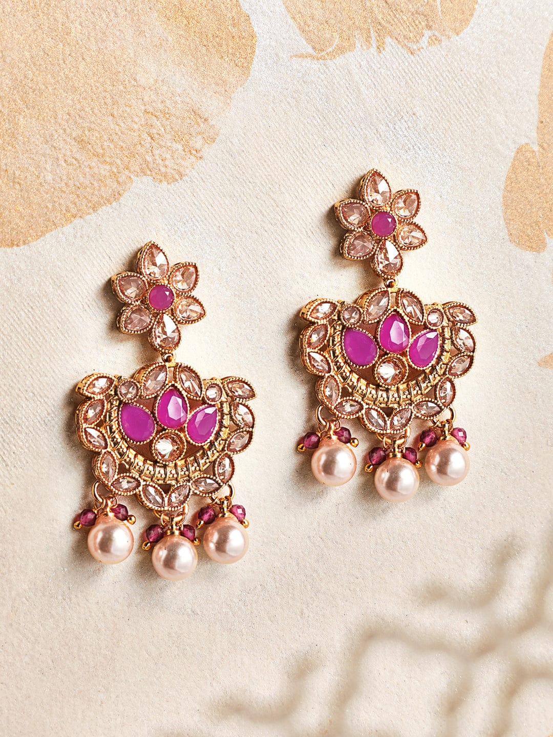 【Rubans】 22K Gold Plated Handcrafted Ruby Studded Chandbali Earrings|22K ゴールドメッキ ハンドクラフト ルビーストーン チャンドバリ イヤリング