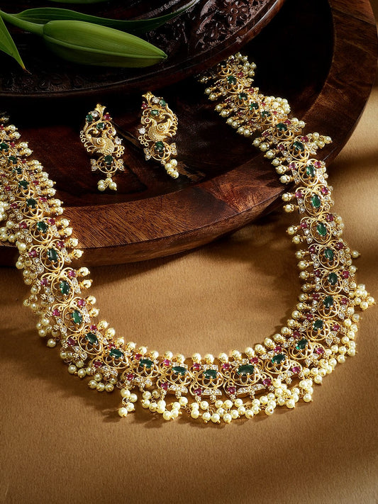 Pink & Green Studded Pearl Necklace Set Gold