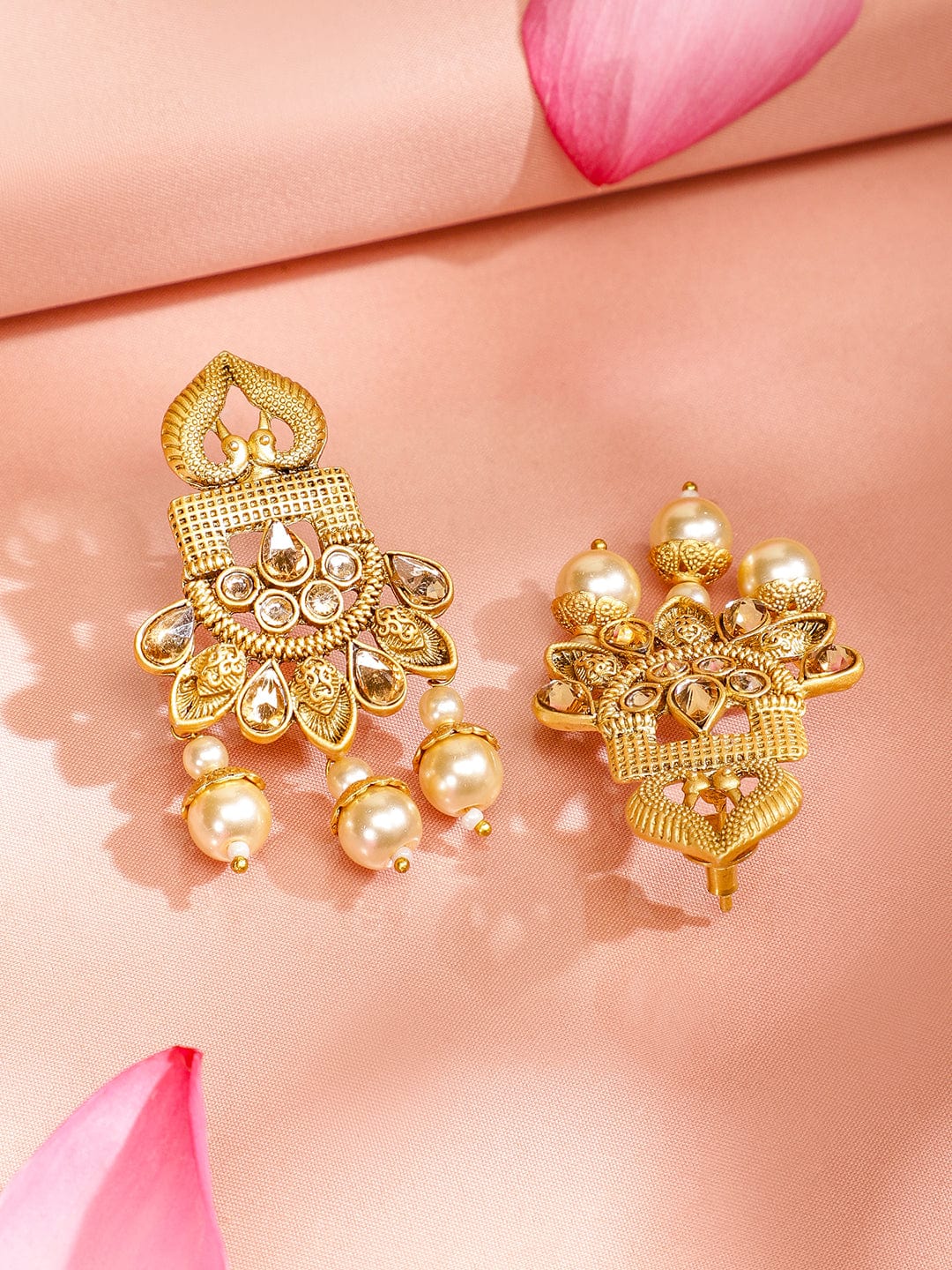 Long Pearl Drop Necklace Set with Krishna Motif Gold